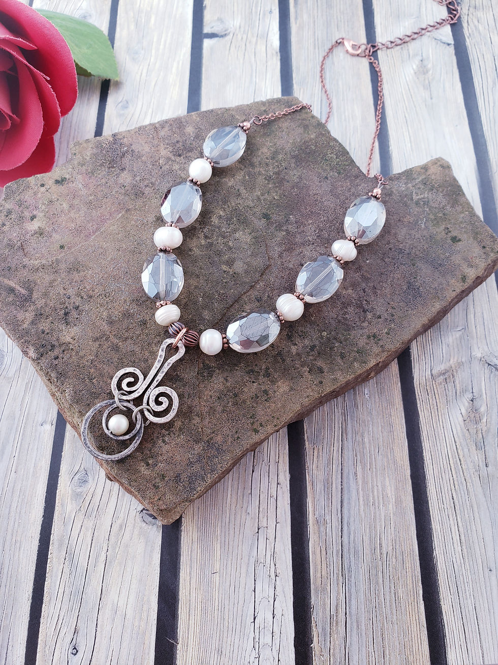 Thumbnail: Upcycled Cultured Pearl Faceted Glass Necklace with Vintage Avon Earring