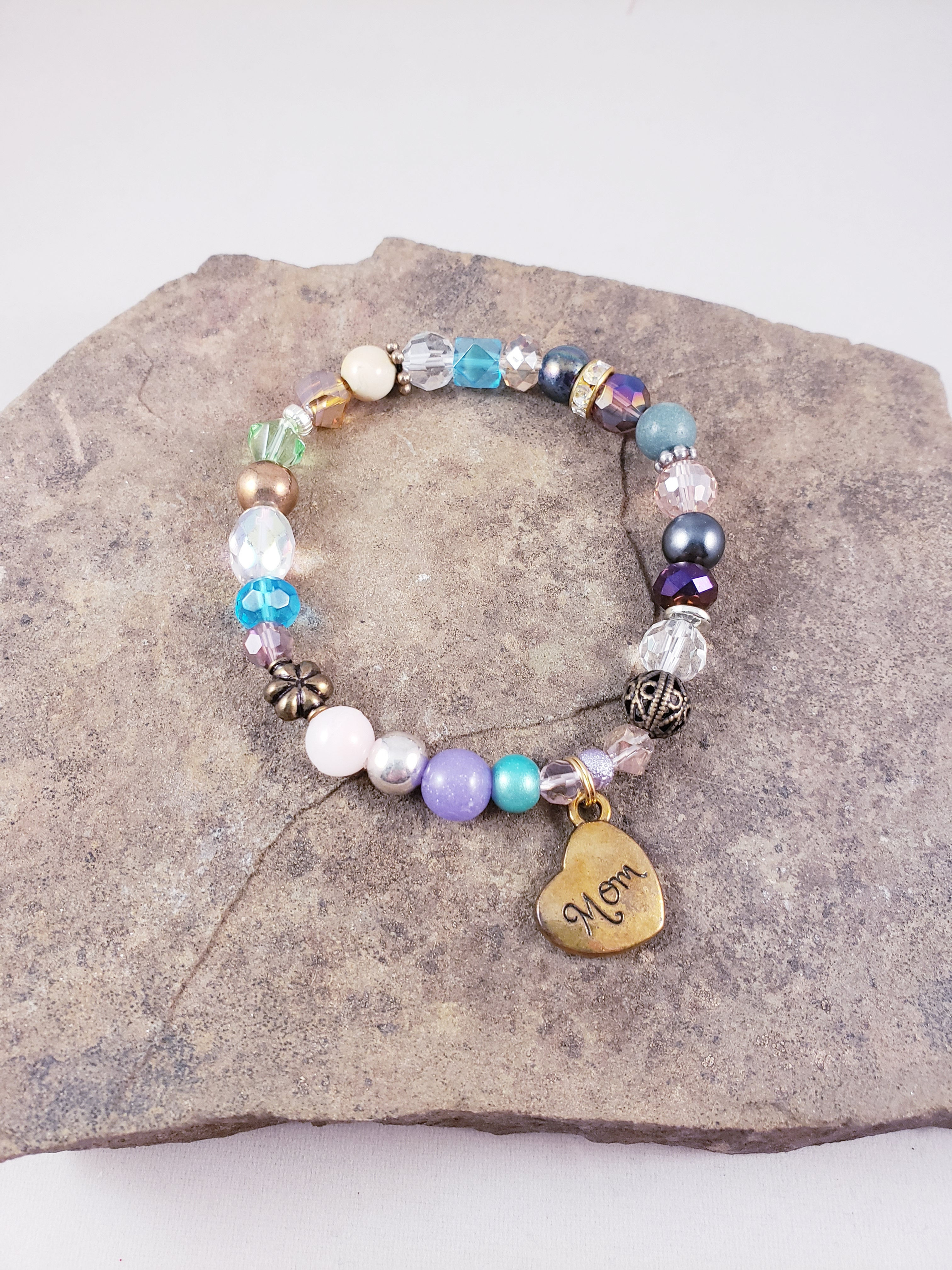 Boho Bead Soup Bracelet, Mom Heart Charm