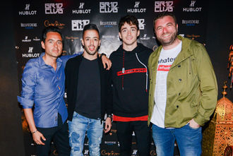 Charles Leclerc and Antonio Fuoco with Tara Ramos at the GR1D CLUB Barcelona