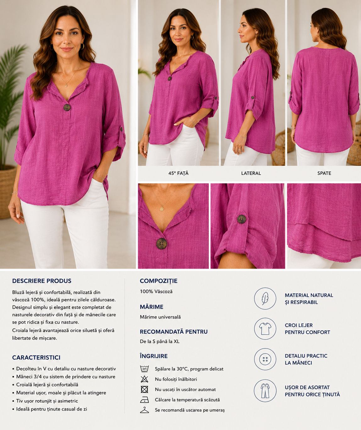 Bluză damă din bumbac 100% cu nasture decorativ – Fucsia