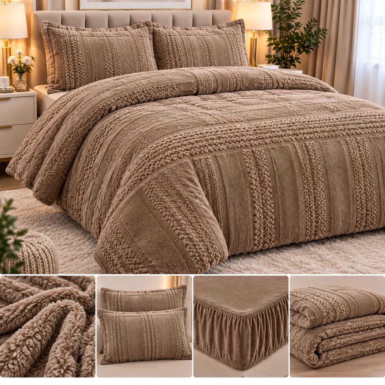 Lenjerie de pat Cocolino Premium, 4 piese, cu cearșaf elastic – Maro/Taupe