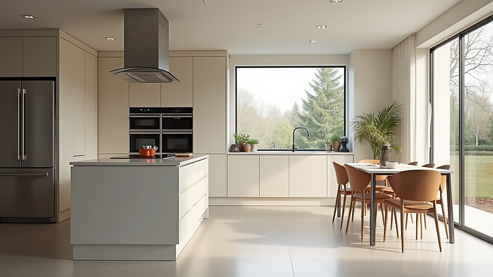 Wide angle view of a beautifully renovated kitchen