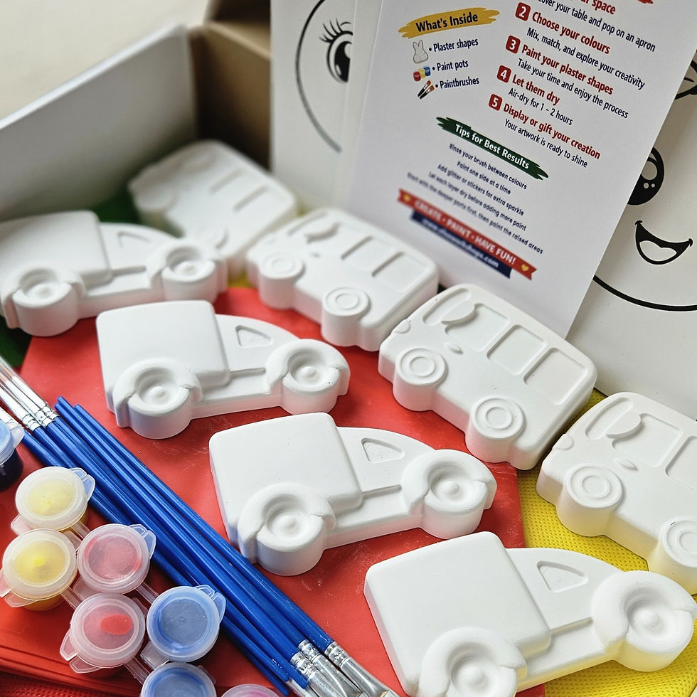 On the Road Playdate open box showing plaster vehicles, paints and brushes