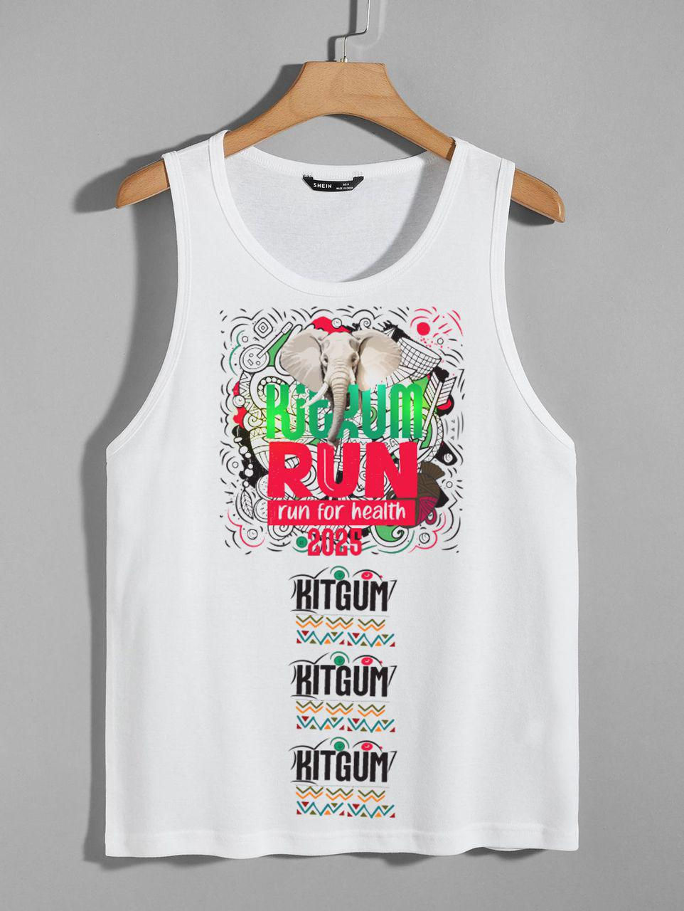 White tank top on hanger with colorful design featuring an elephant and text: "Kitgum Run for Health 2023." Vibrant patterns below.