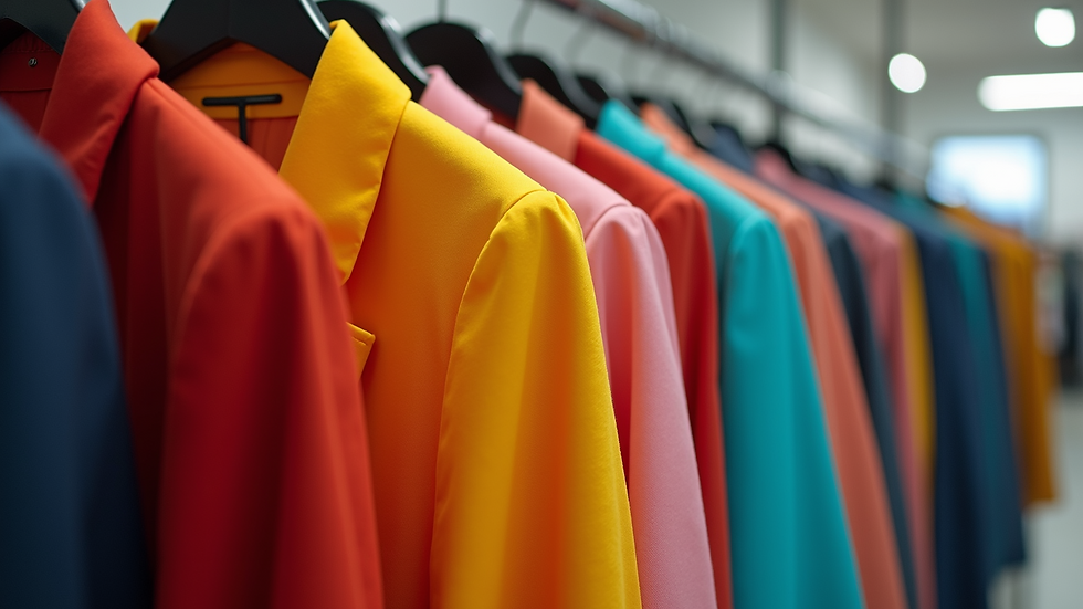 Eye-level view of a clothing rack featuring vibrant colored blazers