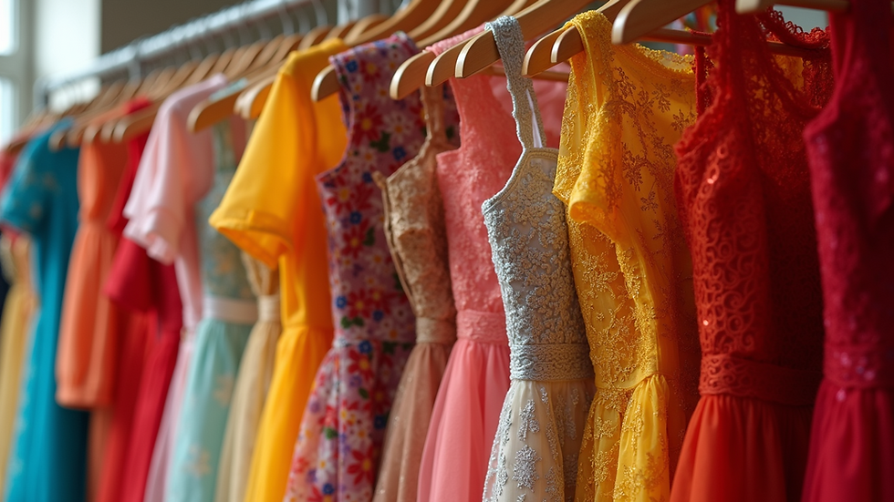 High angle view of a colorful display of dresses