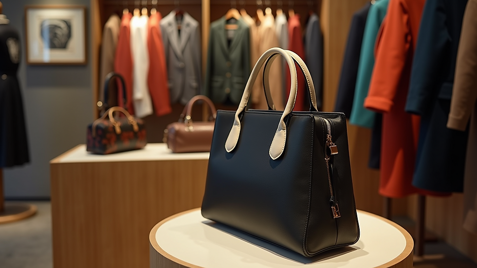 High angle view of a clothing display with a classic handbag