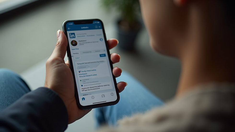 High angle view of a person using a smartphone with LinkedIn open