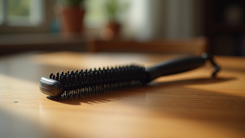 Eye-level view of hot comb hair tool resting on a wooden table