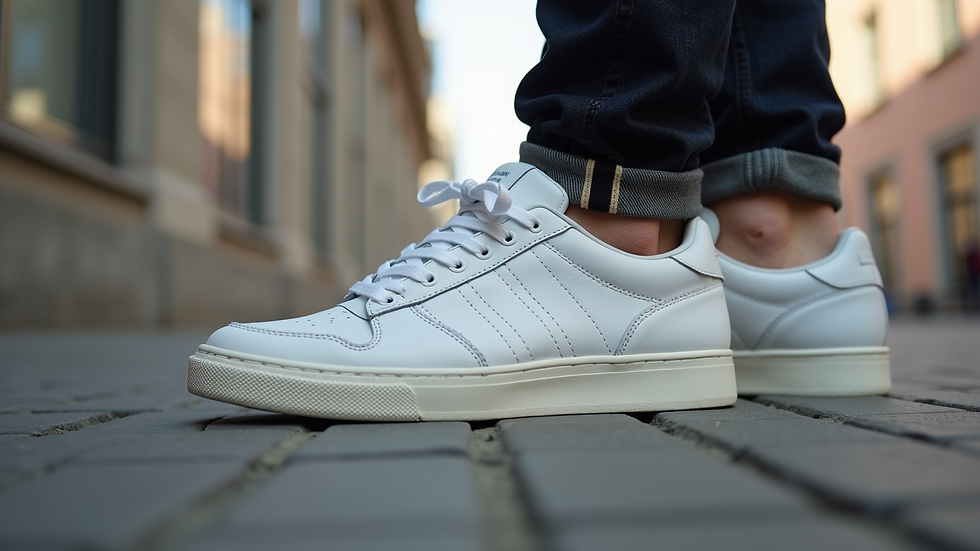 Eye-level view of stylish men's sneakers in neutral tones