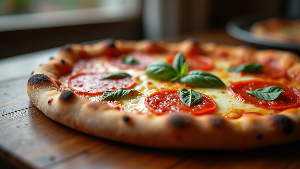 Eye-level view of a freshly baked Margherita pizza on a rustic wooden table