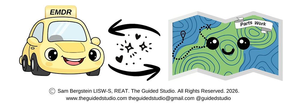 An image of a car labeled "EMDR" and a map labeled "Parts Work" depicting the following: EMDR is the car: It has the engine (bilateral stimulation) and the roadmap (the 8 phases) to get from point A to point B. Parts work is the GPS: It shows you the terrain—the mountains (protective parts) and the hidden valleys (exiled parts) that you’ll need to navigate along the way.