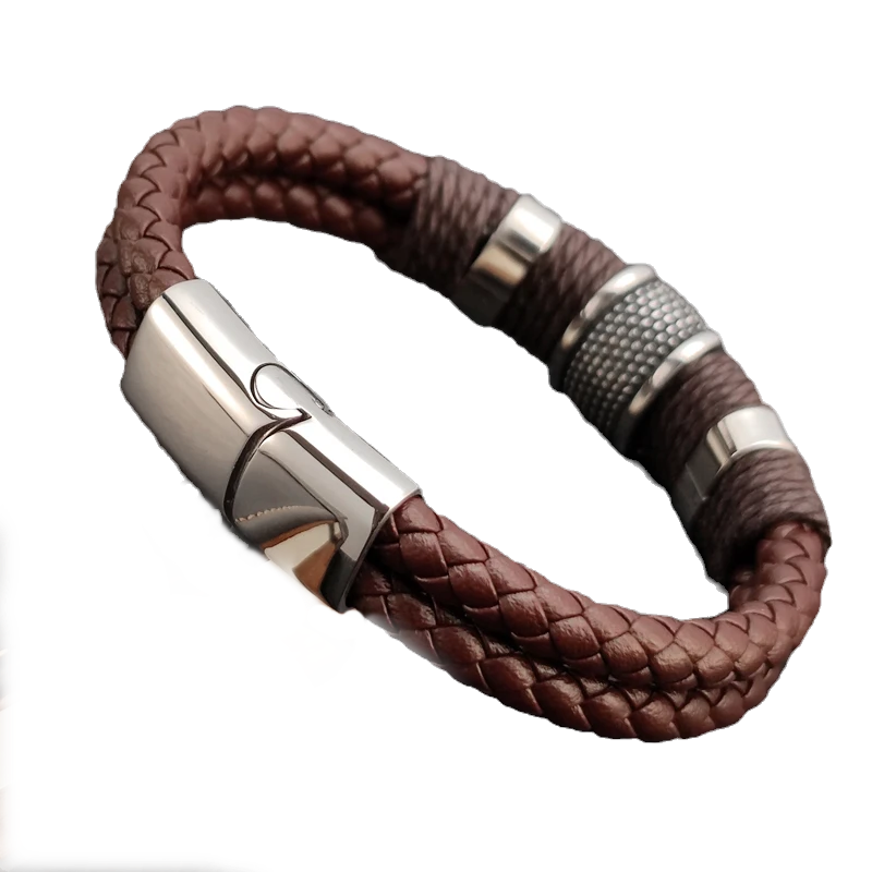 Pulseira Masculina de Couro Marrom e Aço Inoxidável