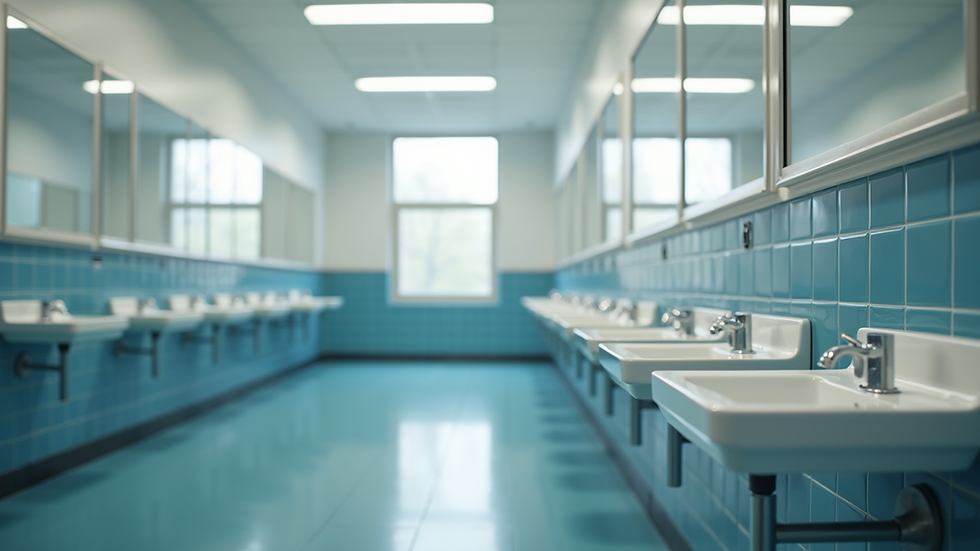 Eye-level view of a clean and modern school washroom with sinks and mirrors