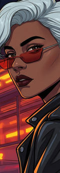 Animated woman with white hair and red glasses in neon city