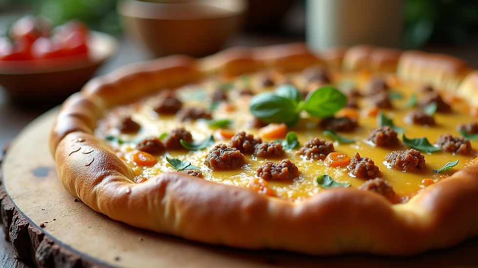 Close-up view of a traditional Turkish pide with cheese and minced meat