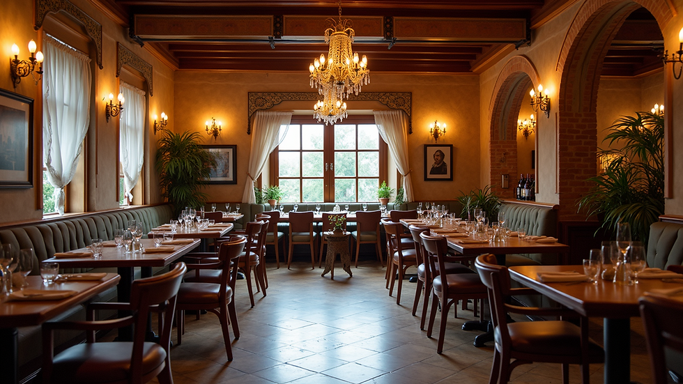 High angle view of Antalya restaurant interior with Turkish decor