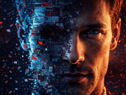 A modern human face partially fragmented with glitch and digital distortion on one side