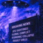 A terrified crowd fills a devastated city street as dark storm clouds gather overhead. In the foreground, a man clutches his head in panic, his face frozen in fear, while others around him look upward in distress.