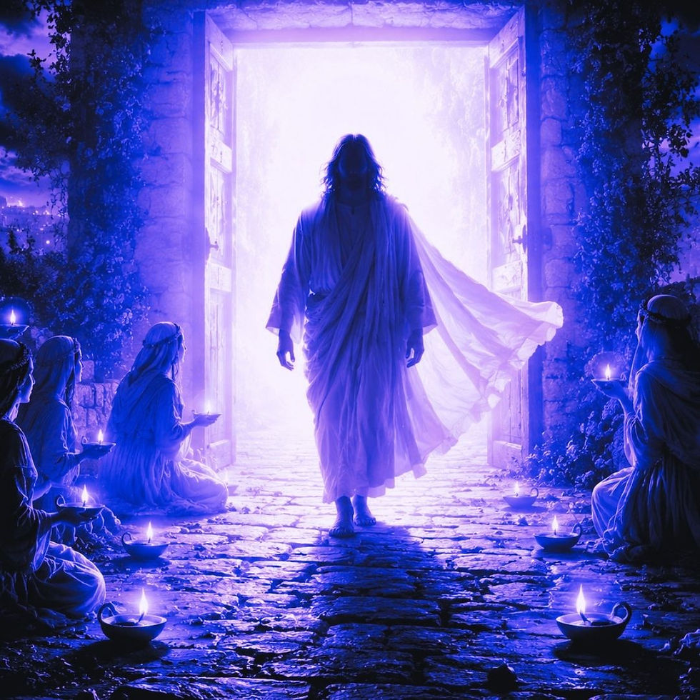 A mysterious silhouette of Christ as the Bridegroom approaching from brilliant light: Ancient wedding imagery mixed with prophetic atmosphere Oil lamps glowing in darkness