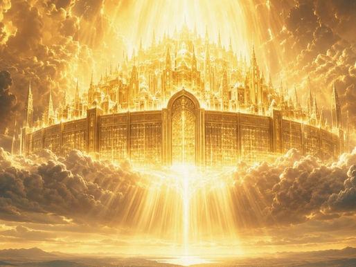 Marriage Supper of the Lamb Large heavenly banquet scene: Endless glowing table Empty prepared seats Golden light