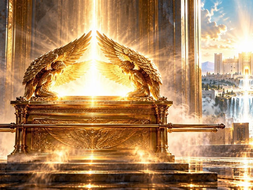 Golden mercy seat with cherubim illuminated by divine light, overlooking a future temple and Jerusalem, symbolizing how the east points to Jesus Christ.