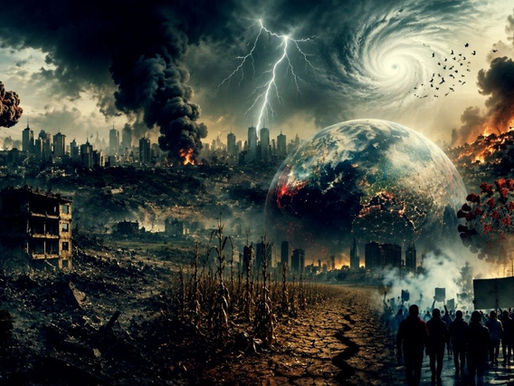 A fractured world is shown through images of war, famine, social unrest, economic instability, natural disasters, and global turmoil.