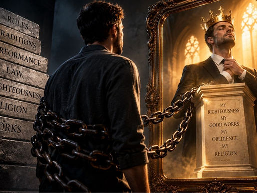 Man bound by heavy chains facing a proud, crowned reflection in a mirror, symbolizing self-righteousness, religious works, and bondage under the law.
