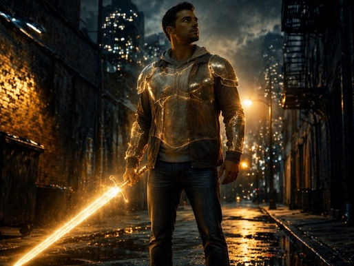 A modern person in everyday clothes (jeans, jacket) standing confidently, with a faint transparent overlay of glowing armor barely visible