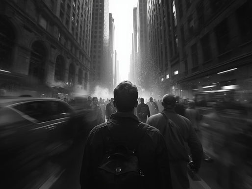 A crowded city scene with people rushing in different directions, but one person is standing still, looking up at a crack of light breaking through the darkness above tall skyscrapers.