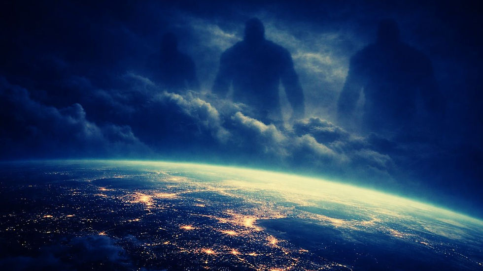 High vantage overlooking earth at night, faint massive shadowy forms barely visible in the clouds above