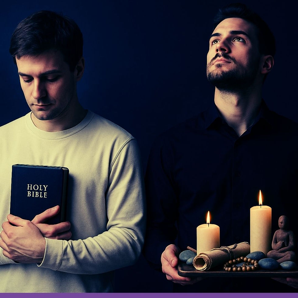 A modern photograph of two young men standing side by side; the man on the left holds a Bible and looks downward in humility, while the man on the right, dressed in dark clothing, looks upward while holding a tray with candles, stones, scrolls, beads, and a neutral clay figurine.
