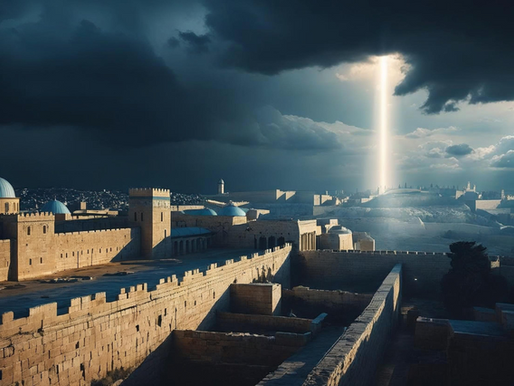 Ancient Israel under storm clouds with a beam of light coming from the sky