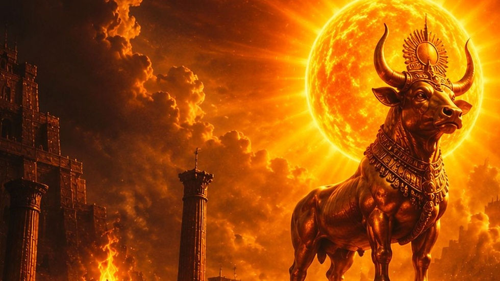 A cinematic illustration of a golden calf standing beneath a blazing sun over ancient Babylon as crowds bow in worship.