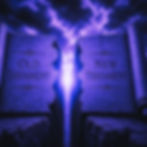 Stone tablets labeled Old and New Testament divided by a glowing gap