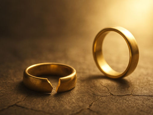 Two wedding rings with one broken – a subtle metaphor of release from the first covenant and union with Christ.