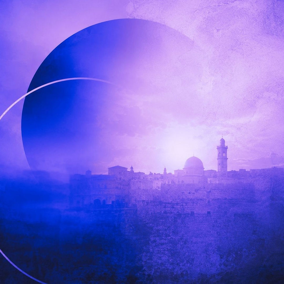 Abstract view of Jerusalem with golden light, dark shadows, and modern geometric elements symbolizing the contrast between Zion and the Daughter of Babylon in biblical prophecy.