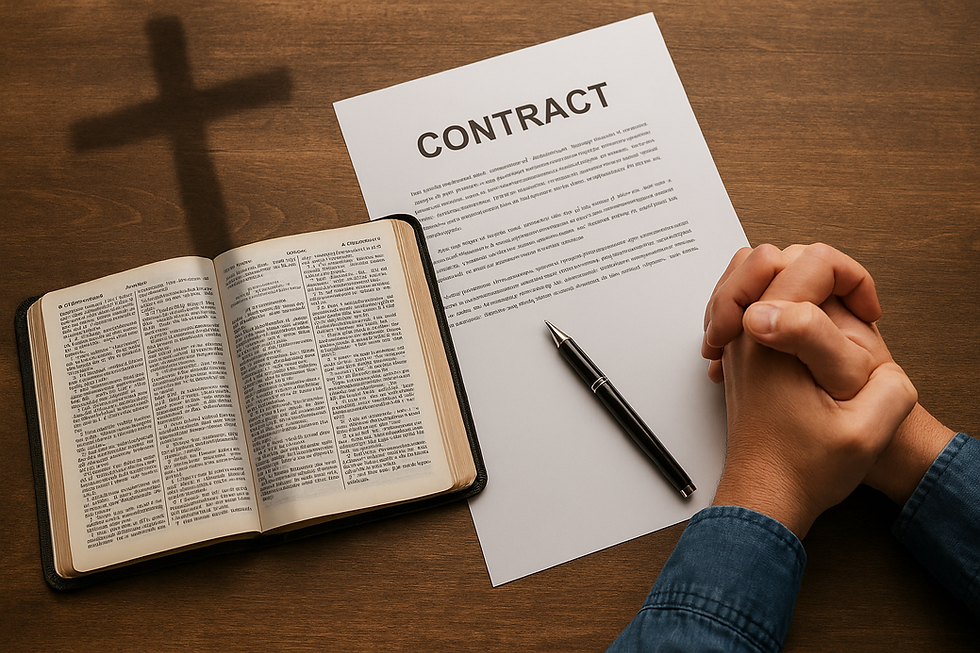 Open Bible on a wooden table with a shadow of a cross across its pages, a paper contract with a pen beside it, and hands folded in prayer, symbolizing a covenant with God in a modern setting.