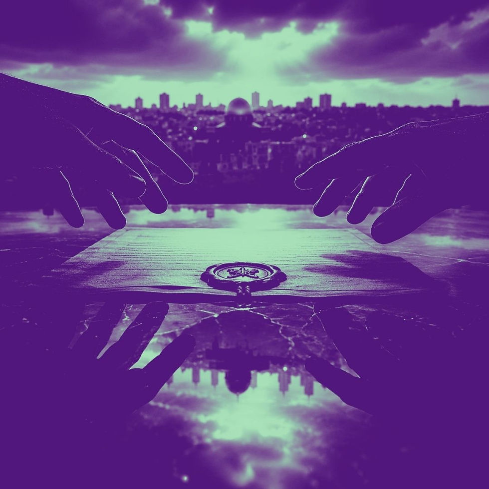 A modern legal document lying on a table Ancient-looking covenant seal pressed into wax Two shadowed hands reaching toward the same document Jerusalem skyline reflected