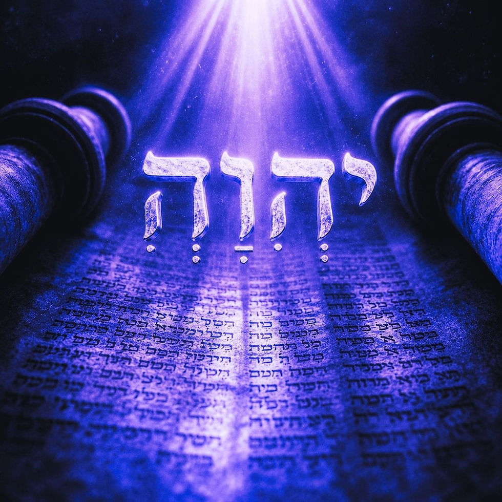 Golden Hebrew letters representing the name Jehovah with vowel points illuminated above an ancient Hebrew scroll.