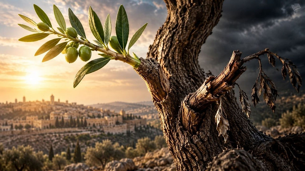 Ancient olive tree with a broken branch and a living olive branch extending toward the light, illustrating the natural and wild branches in Romans 11.