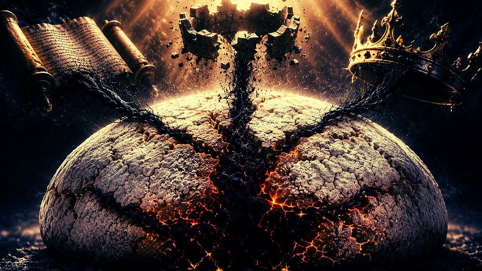 A cinematic illustration of a massive cracked loaf of bread illuminated by golden light from above. Dark black tendrils and glowing molten fissures spread through the loaf from three directions, symbolizing hidden corruption working beneath the surface.