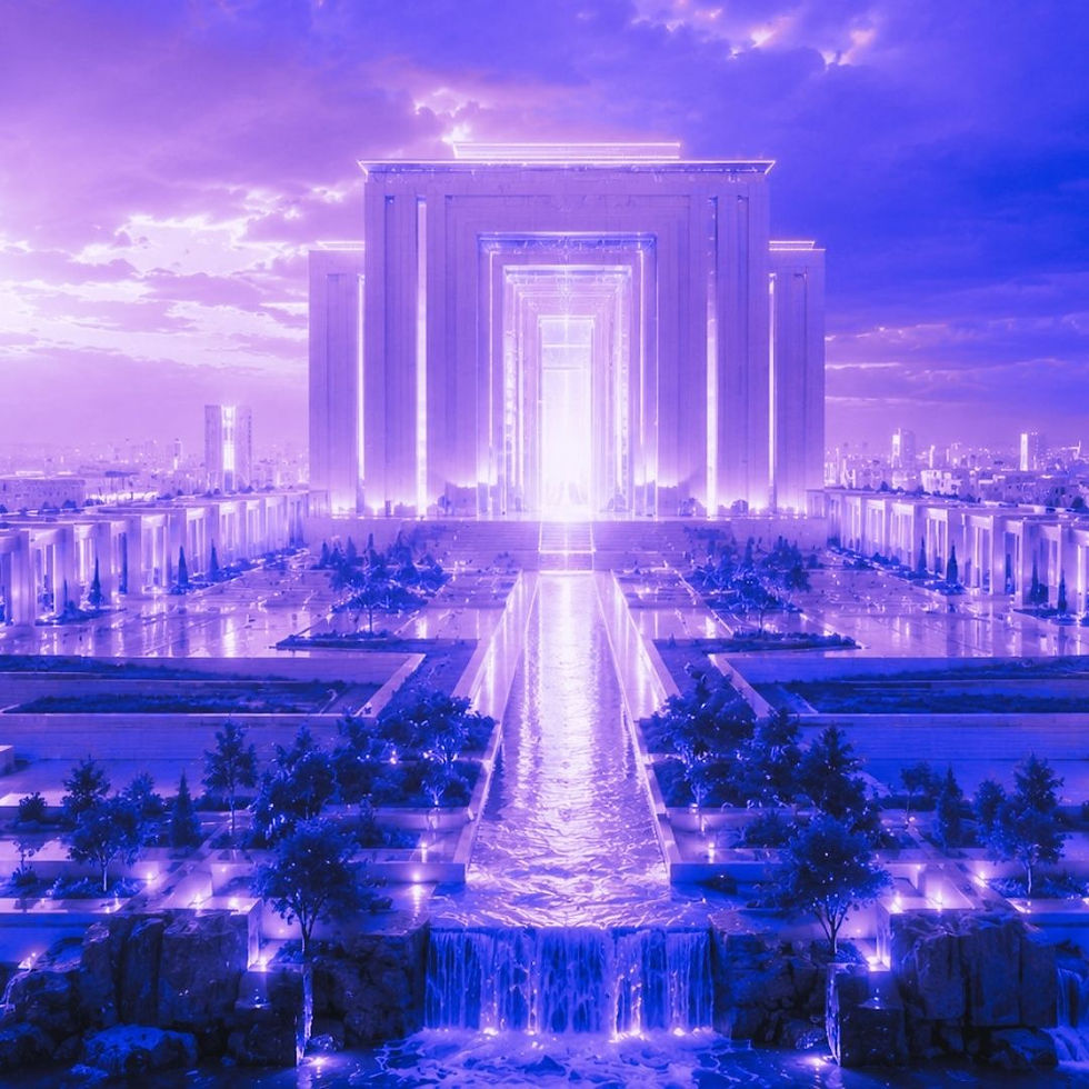 Futuristic vision of God’s final temple glowing with light, representing the prophecy of Jeshua and Zerubbabel.