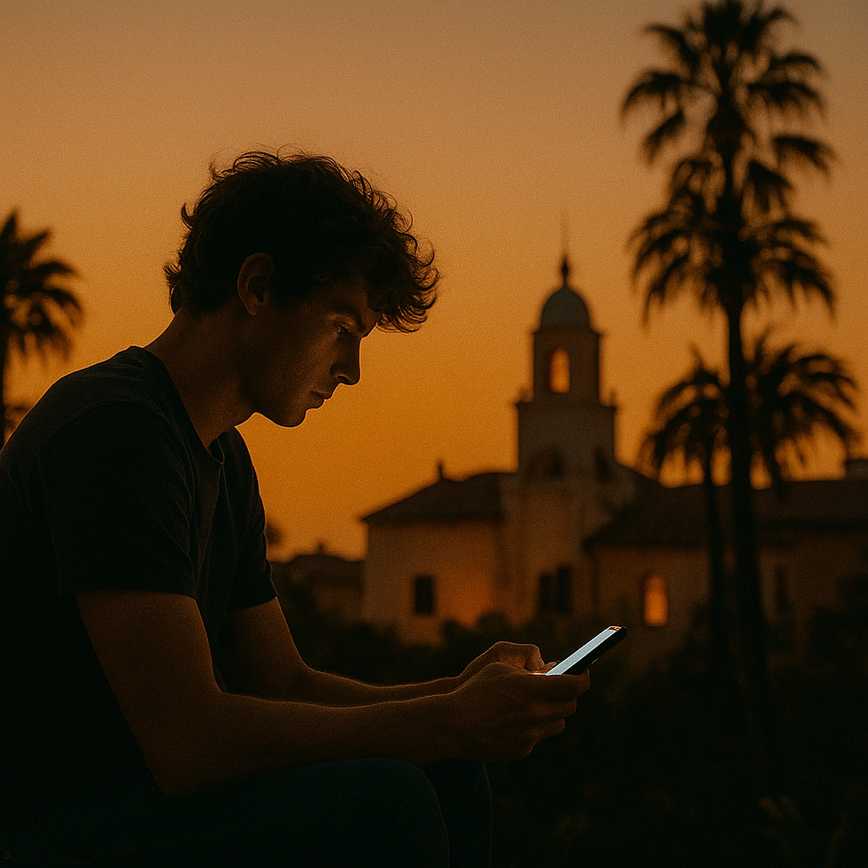A young man sits in profile during sunset, illuminated by the glow of his phone screen. Behind him, a mission-style building with bell towers and palm trees is silhouetted against a warm sky.