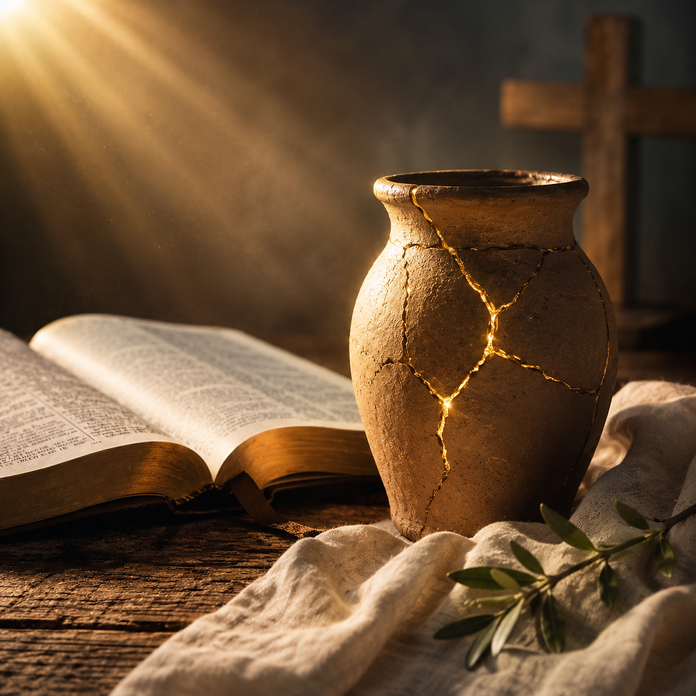 A restored clay jar with glowing repaired cracks sits beside an open Bible under warm light,