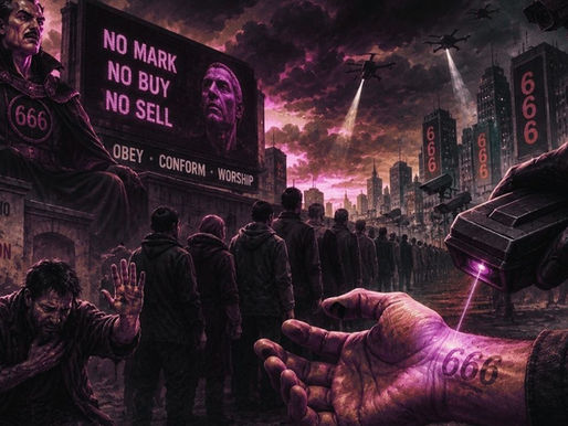 A dark tribulation-era city filled with surveillance drones, glowing 666 symbols, and a massive beast-like figure towering above crowds as people are pressured into a global mark-of-the-beast system under an oppressive end-times regime.