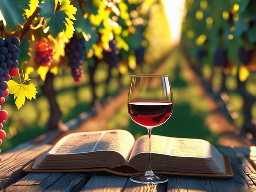 A glass of wine next to the Bible in a vineyard