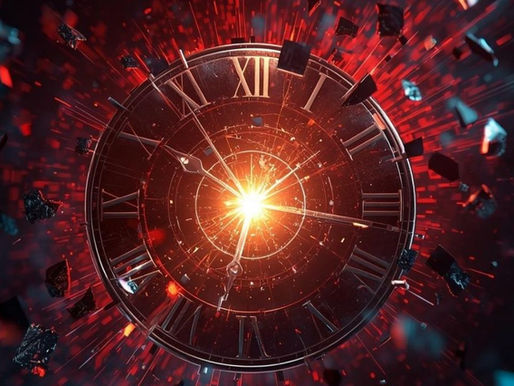 A clock face shattering or cracking apart, with bright golden light bursting through the center,