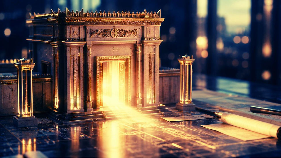 Futuristic vision of God’s final temple glowing with light, representing the prophecy of Jeshua and Zerubbabel.