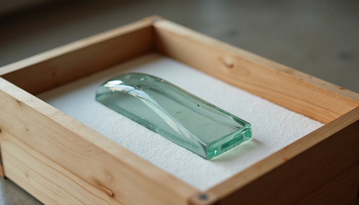 Vista de cerca de una caja de madera personalizada diseñada para enviar una delicada escultura de vidrio.